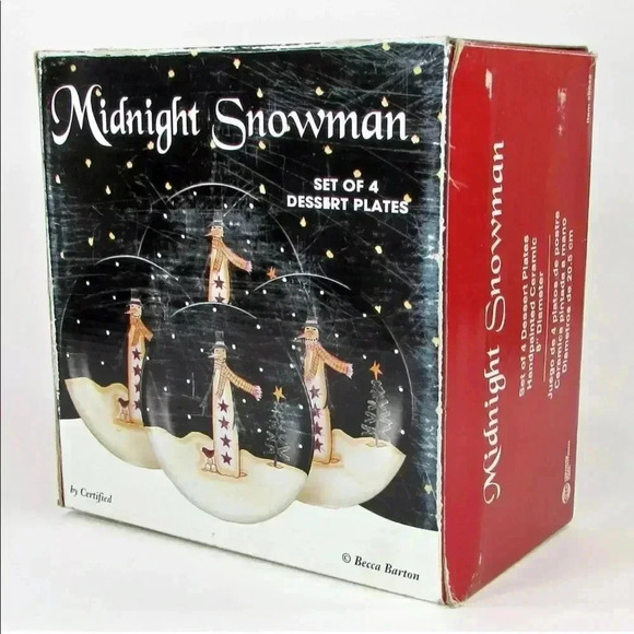 MIDNIGHT SNOWMAN 8” Dessert Plate Set of 4 - Picture 6 of 6